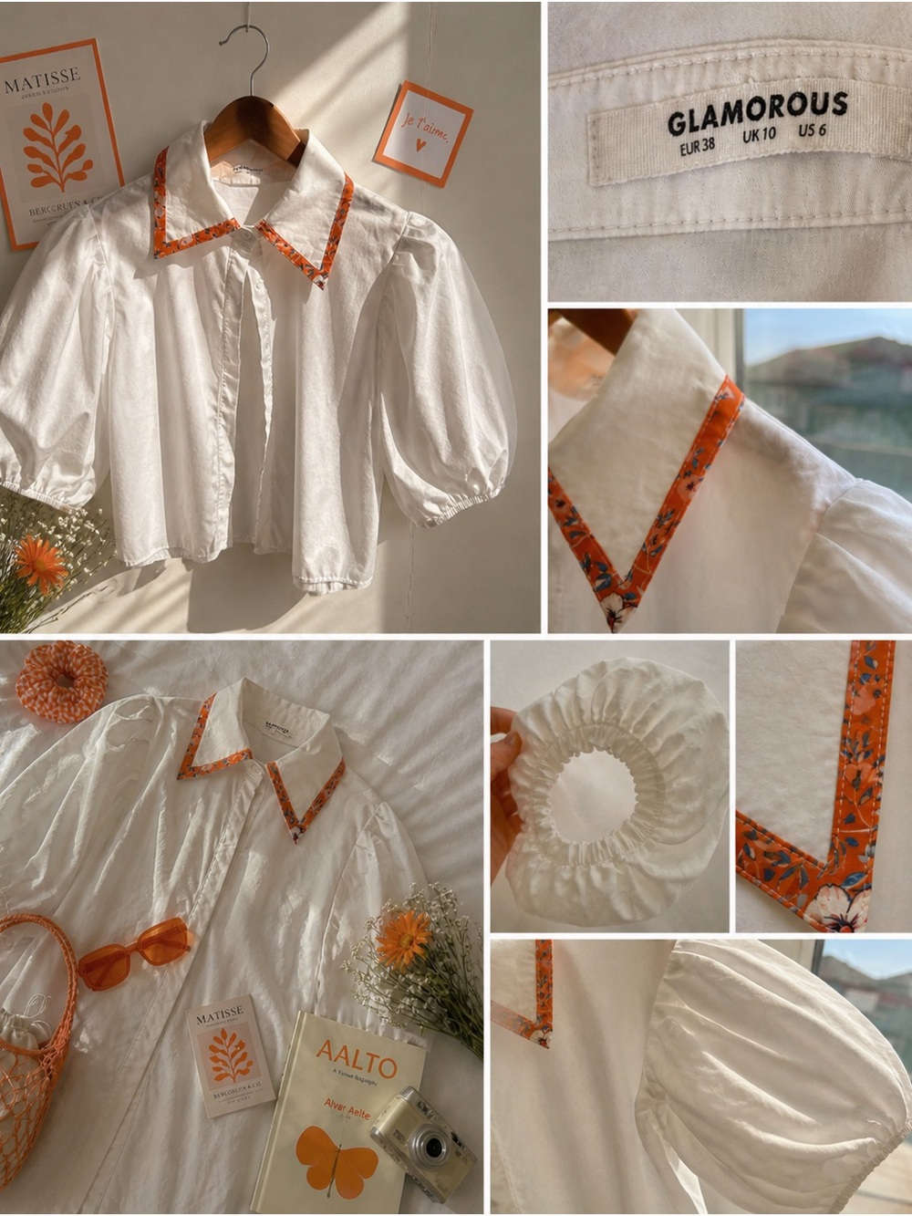 Glamorous White Puff Sleeve Blouse w/ Orange Floral Collar Size US